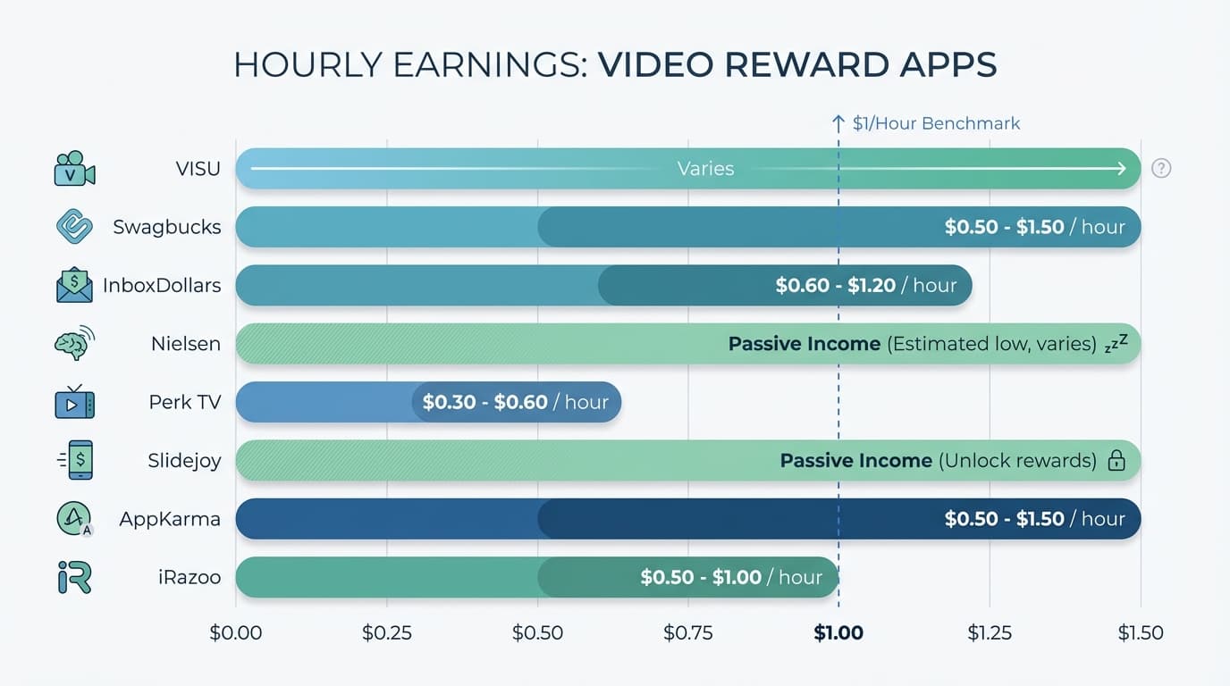 Comparison chart showing hourly earnings for video reward apps, ranging from $0.30 to $1.50 per hour