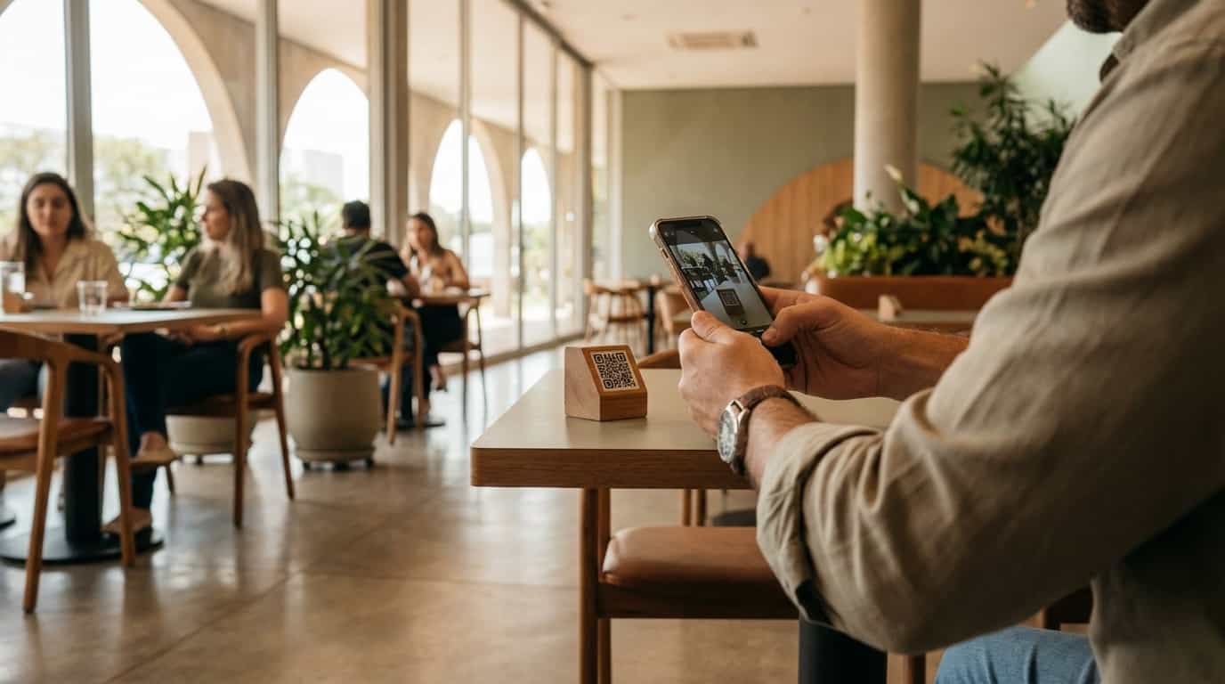 Pessoa escaneando QR code do VISU em restaurante de Brasília