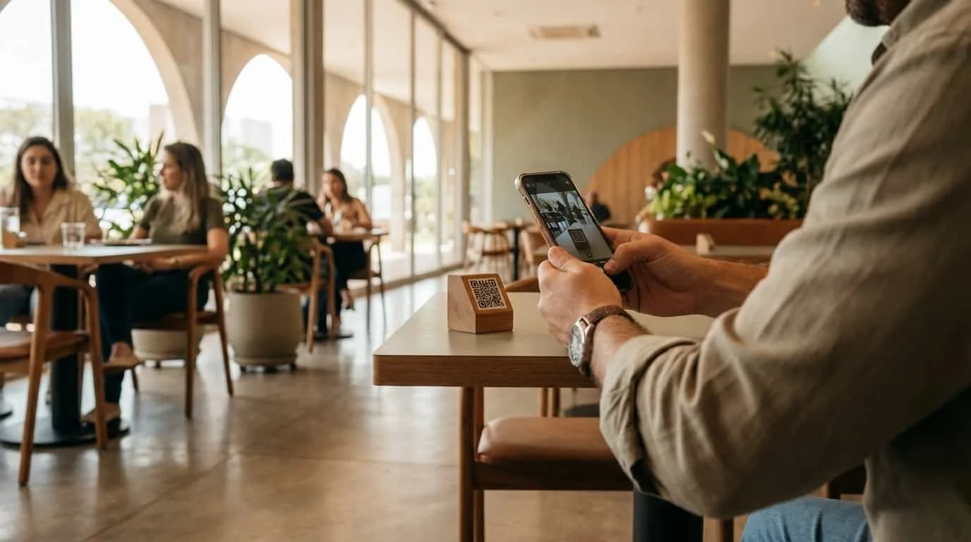 Pessoa escaneando QR code do VISU em restaurante de Brasília