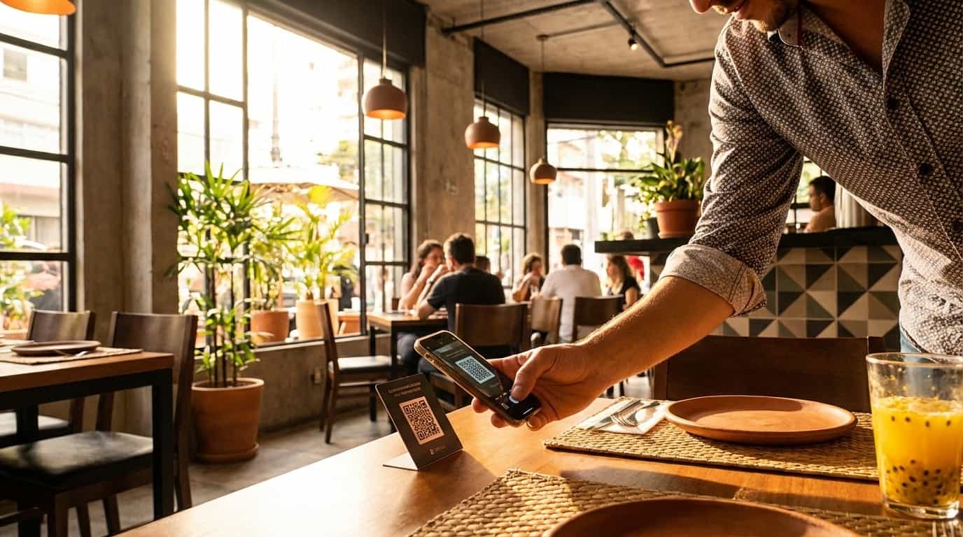 Pessoa escaneando QR code do VISU em restaurante brasileiro