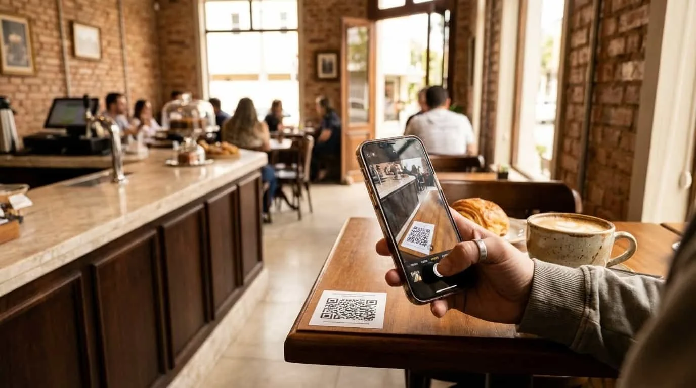 Person scanning VISU QR code at Curitiba cafe