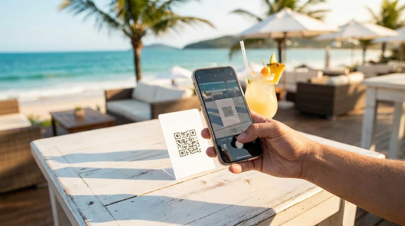 Pessoa escaneando QR code do VISU em beach club de Florianópolis