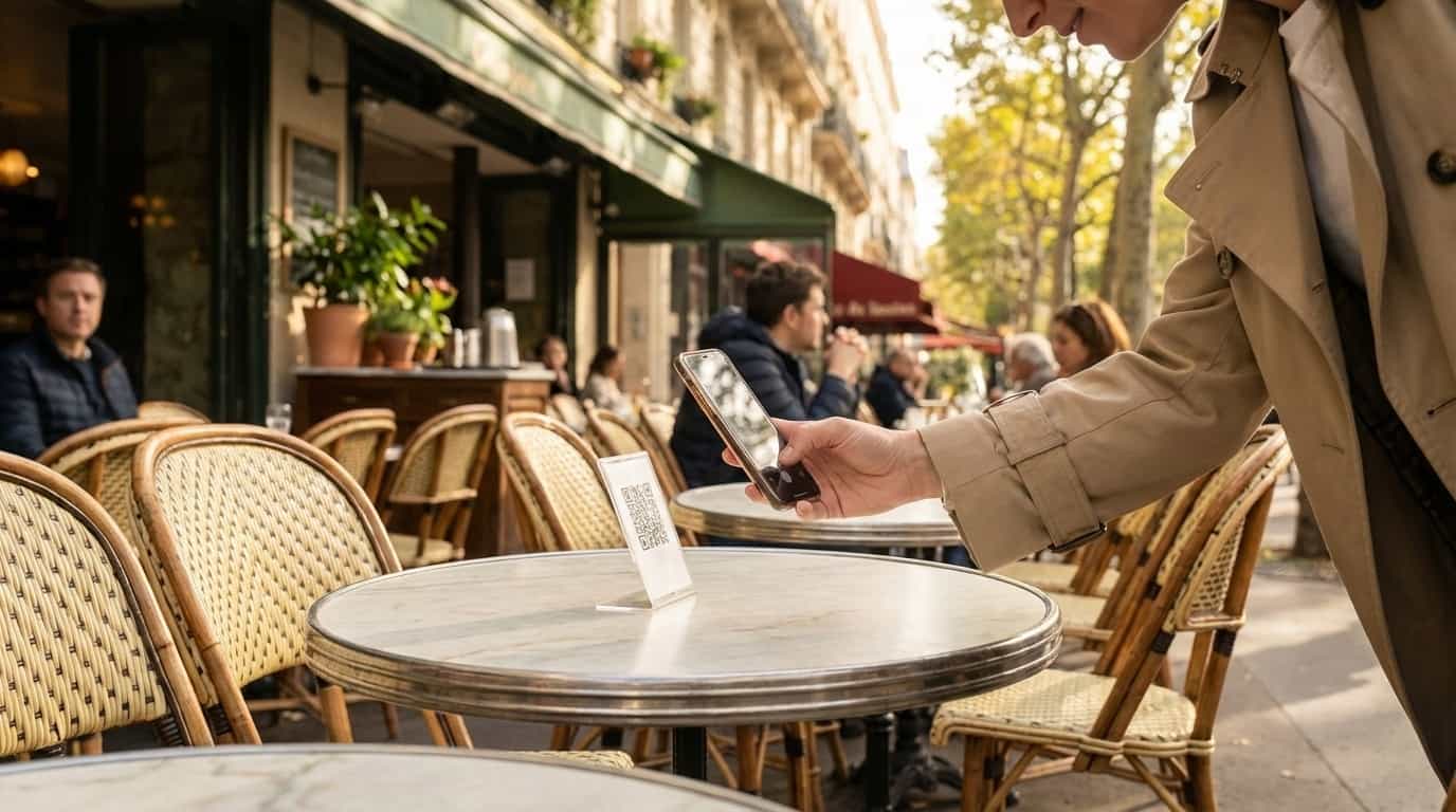 Pessoa escaneando QR code do VISU em café de Paris