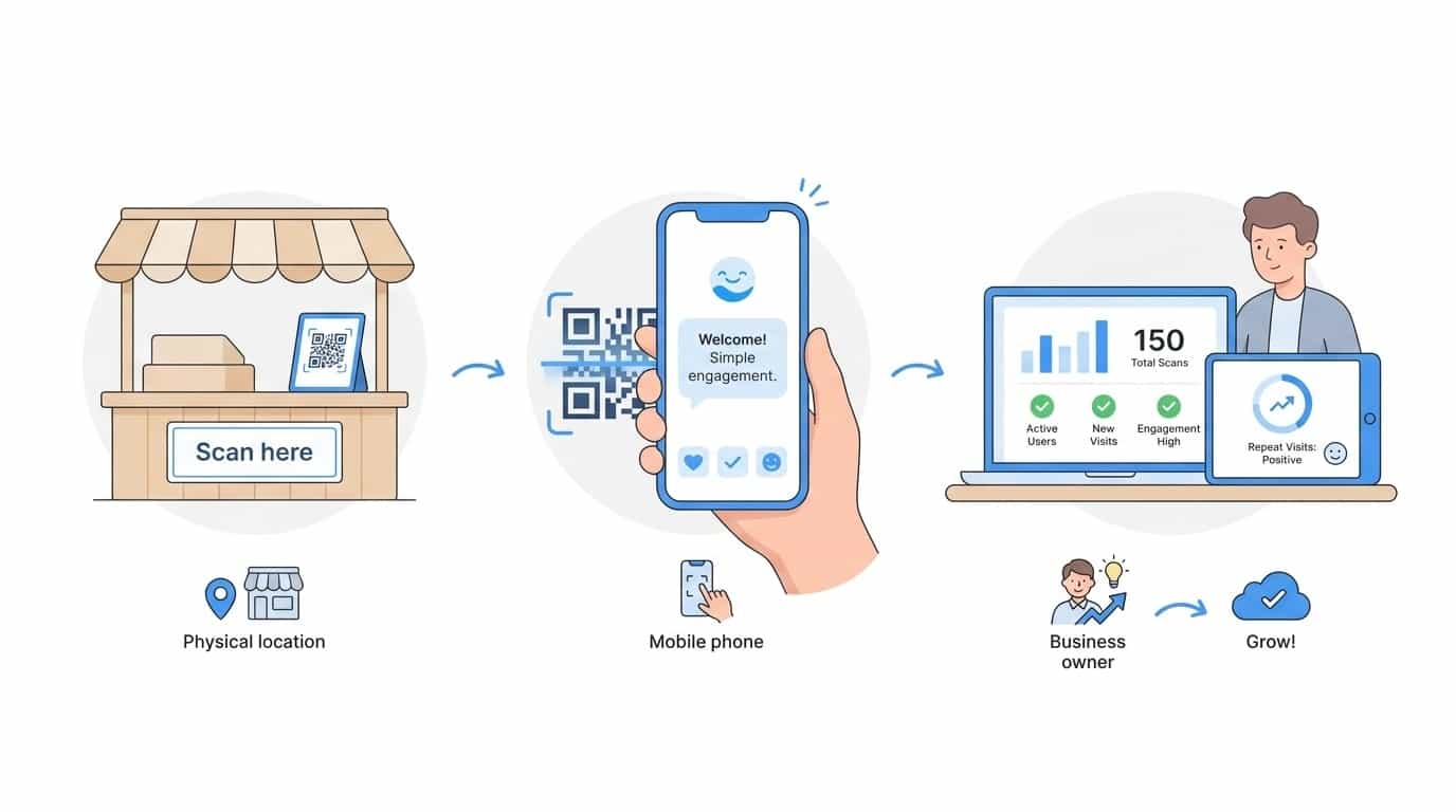 Pilot flow: place a QR code in your venue, customers scan, you see engagement results