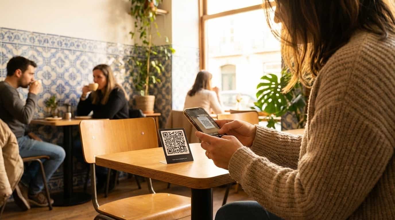 Pessoa escaneando QR code do VISU em café de Lisboa