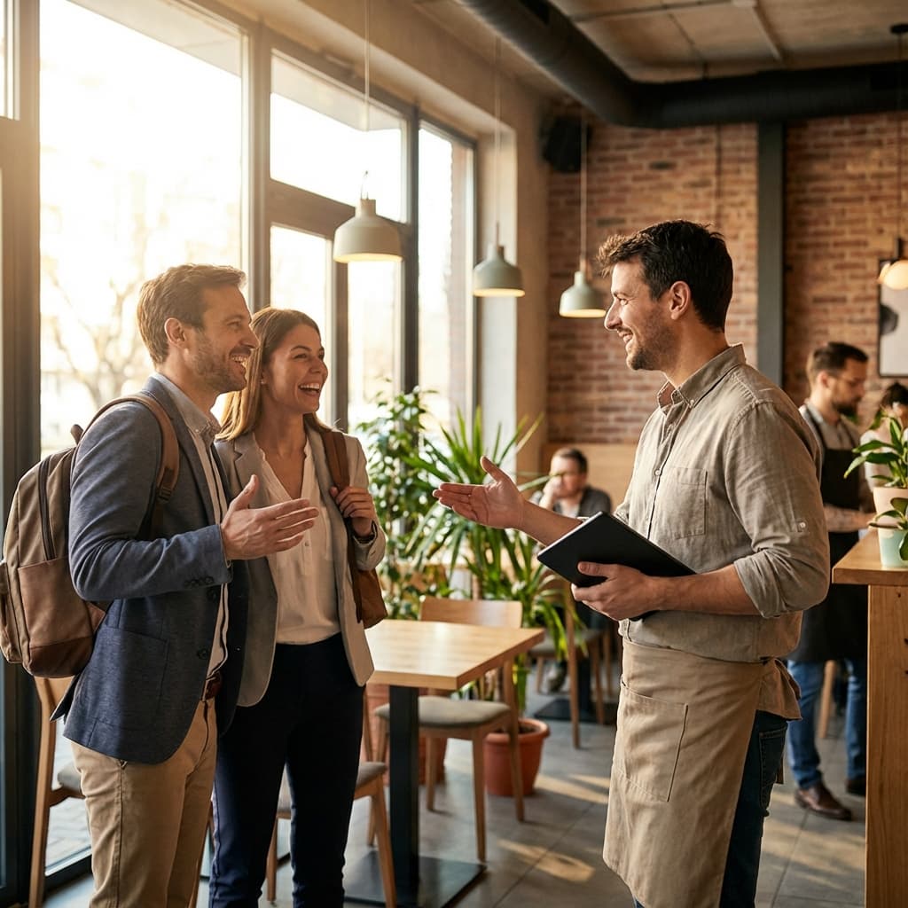 Equipe de restaurante recepcionando calorosamente clientes que retornam e fazendo anotações em tablet para rastreamento de fidelidade