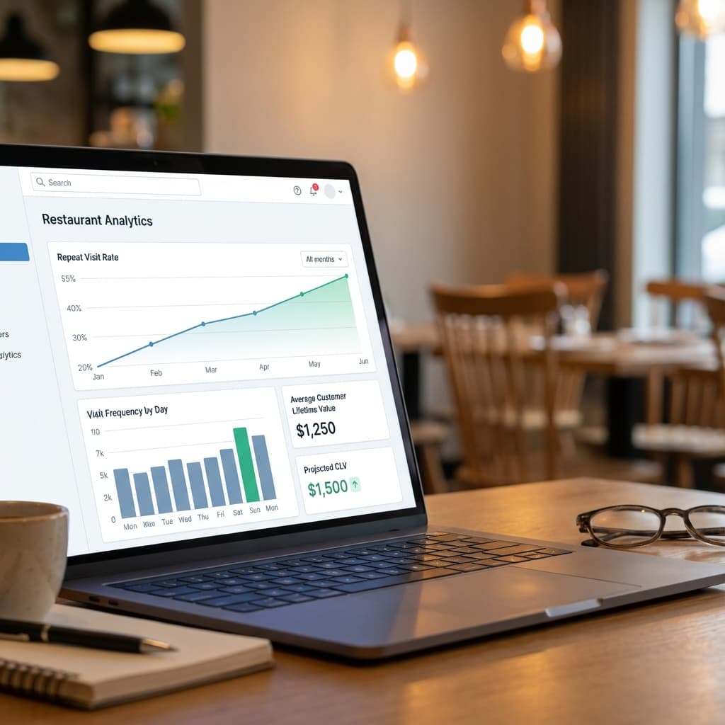 Restaurant dashboard showing repeat-visit rate, visit frequency and customer lifetime value metrics