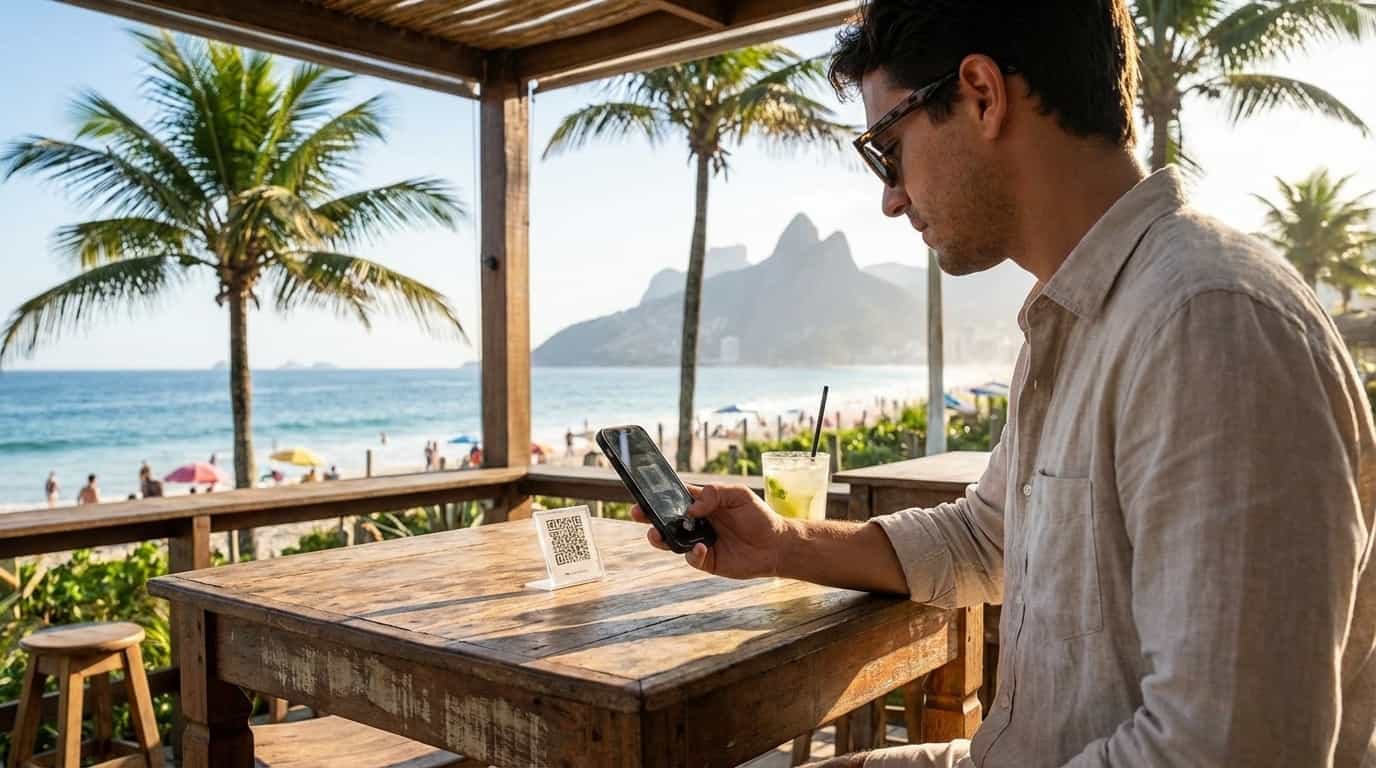 Pessoa escaneando QR code do VISU em bar de praia no Rio de Janeiro