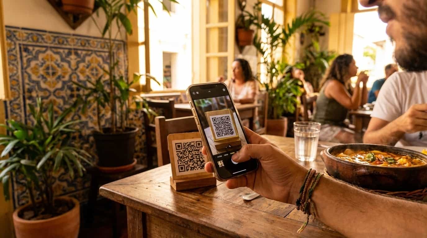 Pessoa escaneando QR code do VISU em restaurante de Salvador
