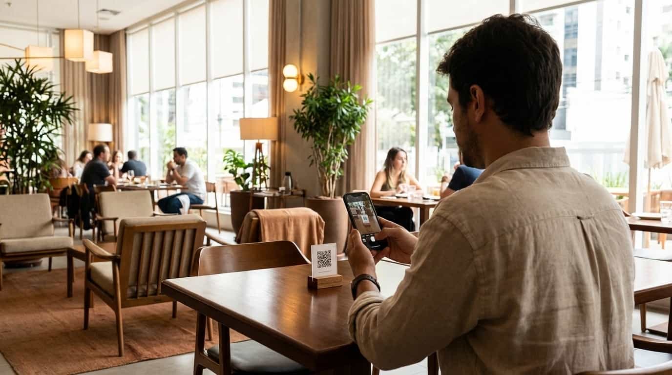 Pessoa escaneando QR code do VISU em restaurante de São Paulo