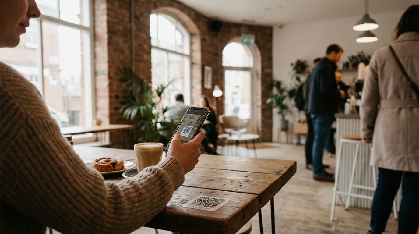 Pessoa escaneando QR code do VISU em café de Londres