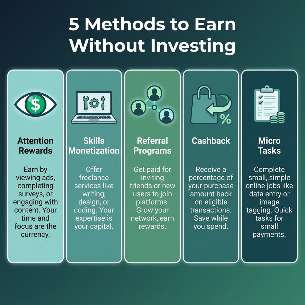 Five zero investment earning methods infographic showing attention rewards, skills, referrals, cashback, and micro tasks