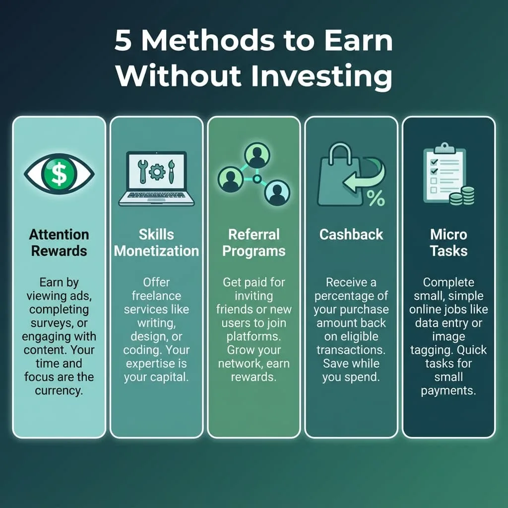 Infografía con métodos para ganar dinero sin inversión: recompensas por atención, habilidades, referidos, cashback y microtareas