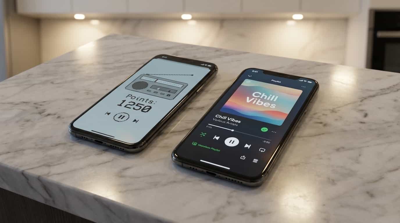 Comparação lado a lado dos ganhos do Current Rewards versus experiência de ouvir no Spotify