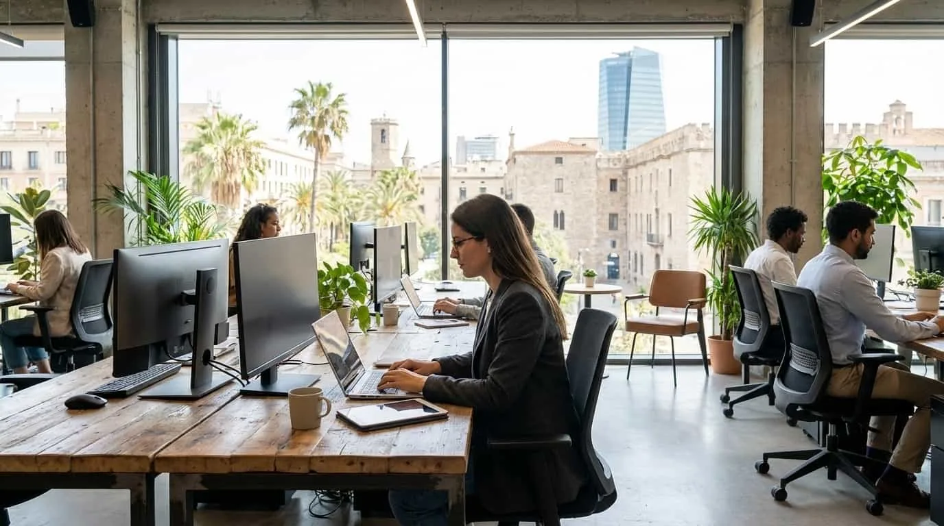 Nômade digital trabalhando de coworking em cidade estrangeira