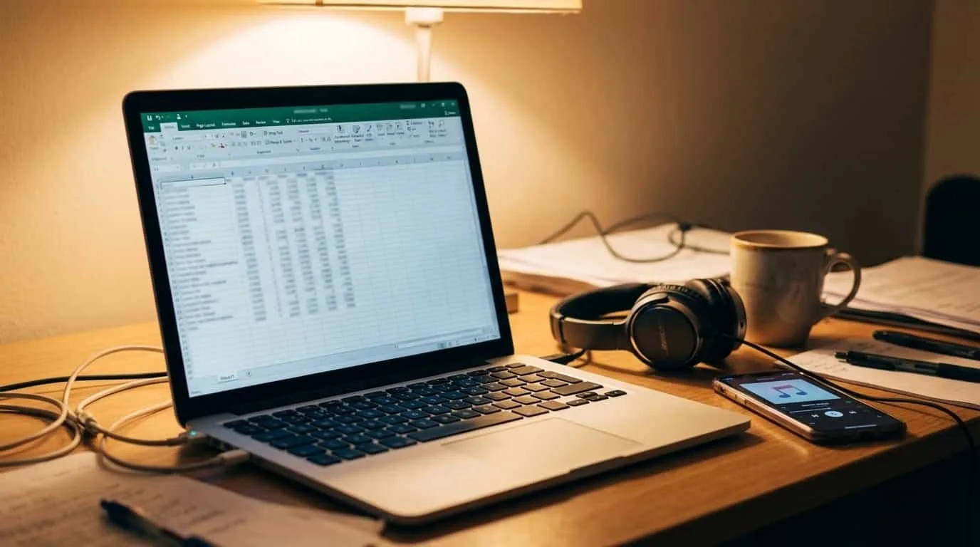 Person analyzing music app earnings data on a laptop screen with headphones on desk