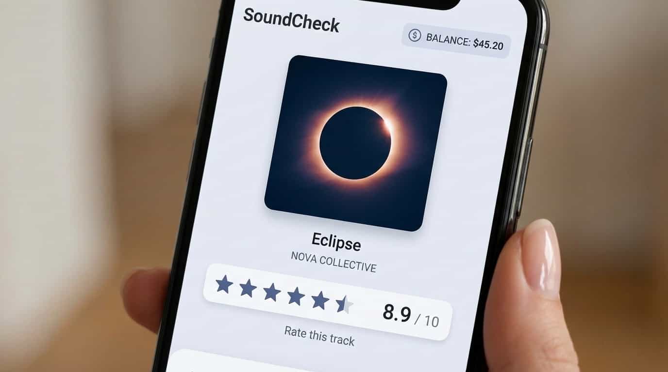 Tela de app de review musical mostrando saldo de ganhos e histórico de reviews