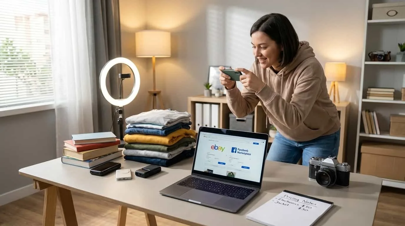 Person selling items online from home for quick cash
