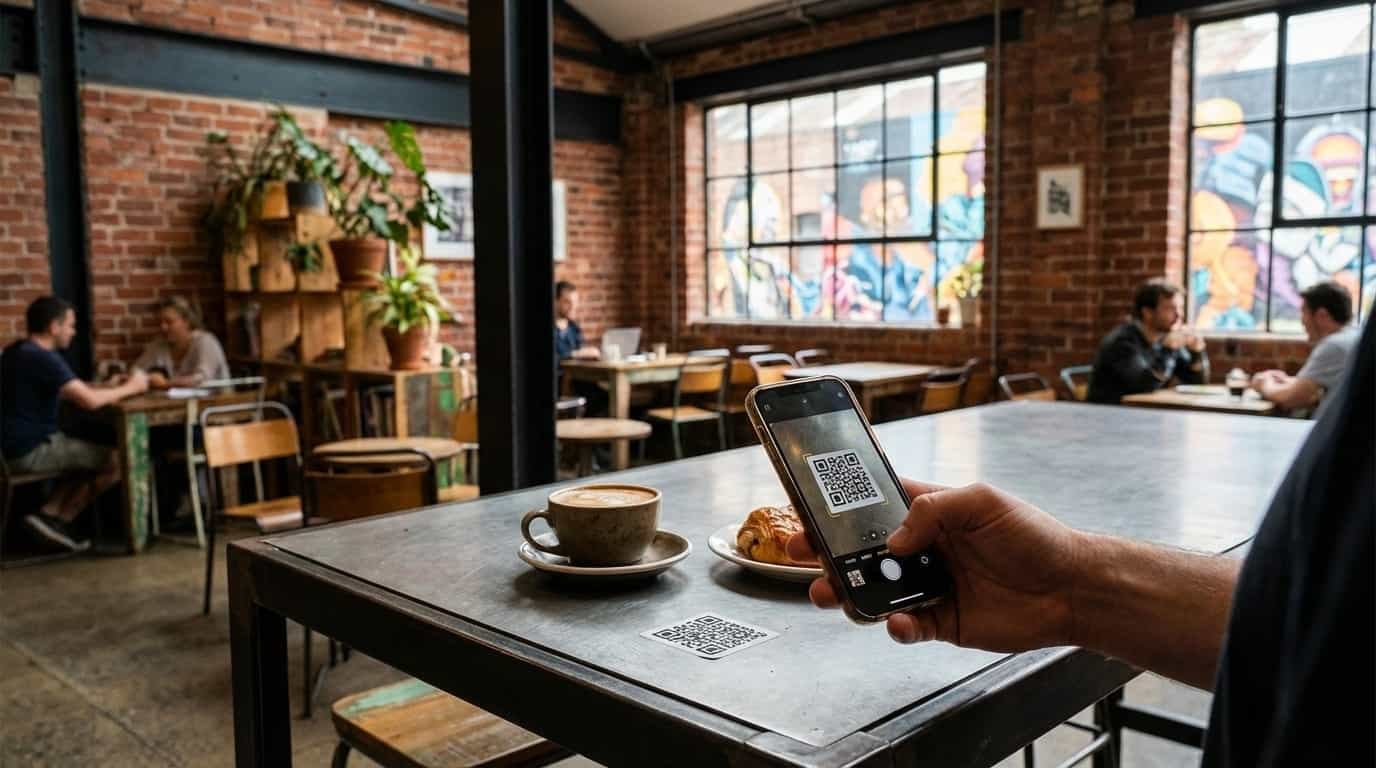 Pessoa escaneando QR code do VISU em café de Birmingham