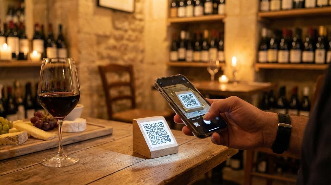 Pessoa escaneando QR code do VISU em bar de vinhos de Bordeaux