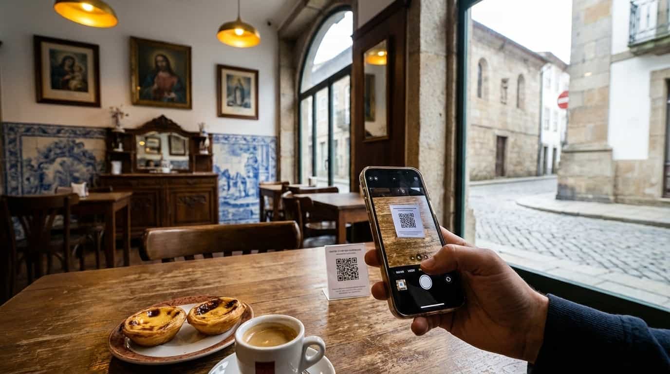 Pessoa escaneando QR code do VISU em café de Braga