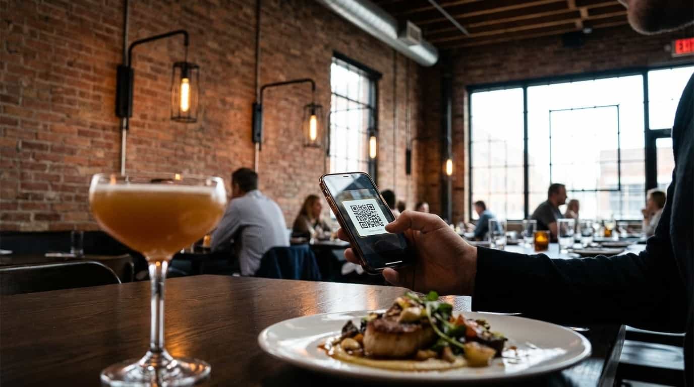 Pessoa escaneando QR code do VISU em restaurante de Chicago