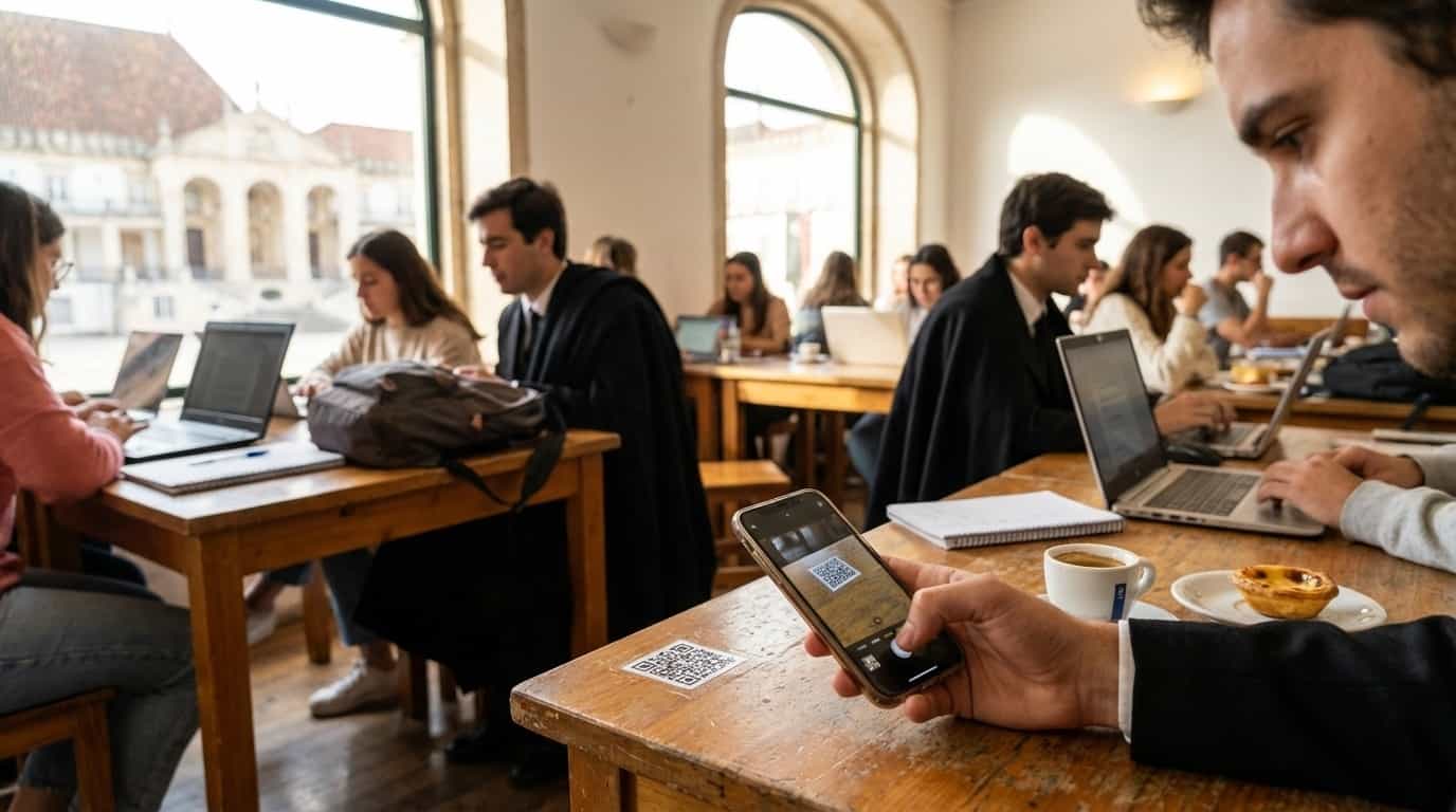 Pessoa escaneando QR code do VISU em café de Coimbra
