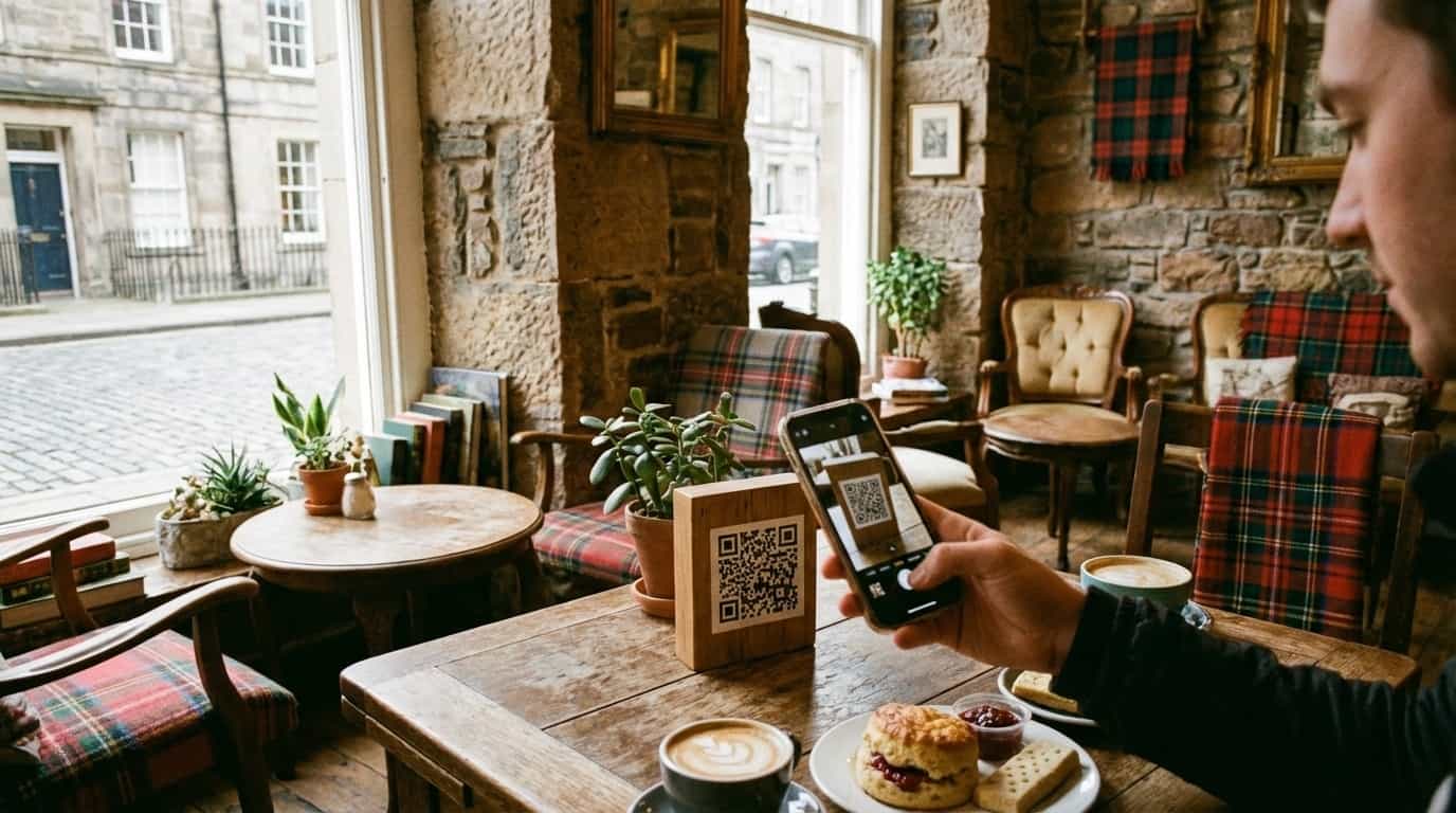 Pessoa escaneando QR code do VISU em café de Edimburgo
