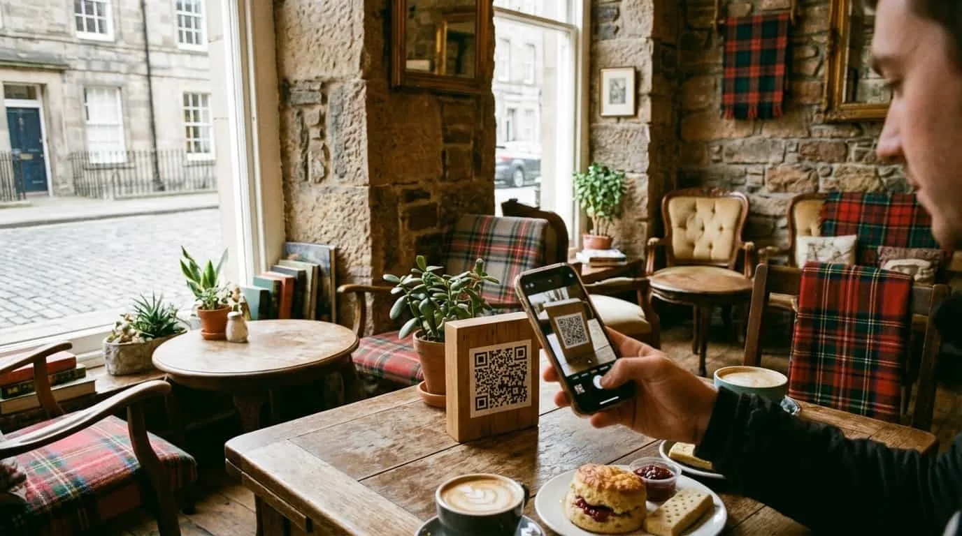 Pessoa escaneando QR code do VISU em café de Edimburgo