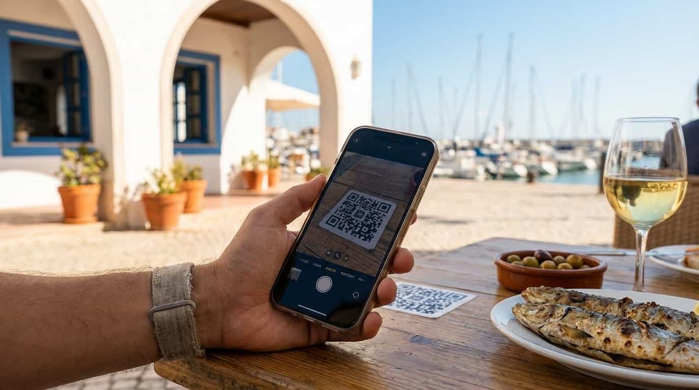 Pessoa escaneando QR code do VISU em café de Faro