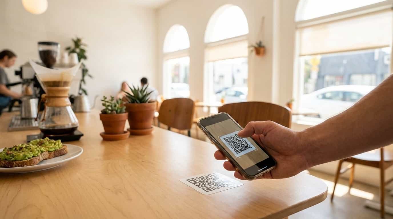 Pessoa escaneando QR code do VISU em café de Los Angeles