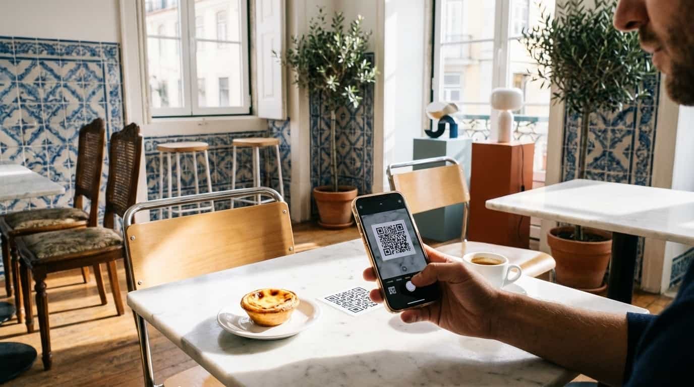 Pessoa escaneando QR code do VISU em café de Lisboa