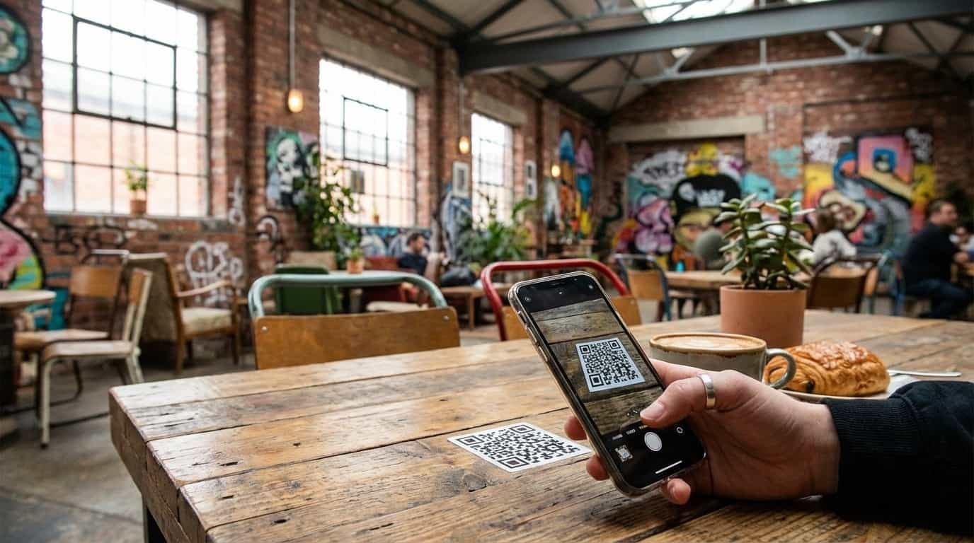Pessoa escaneando QR code do VISU em café de Liverpool