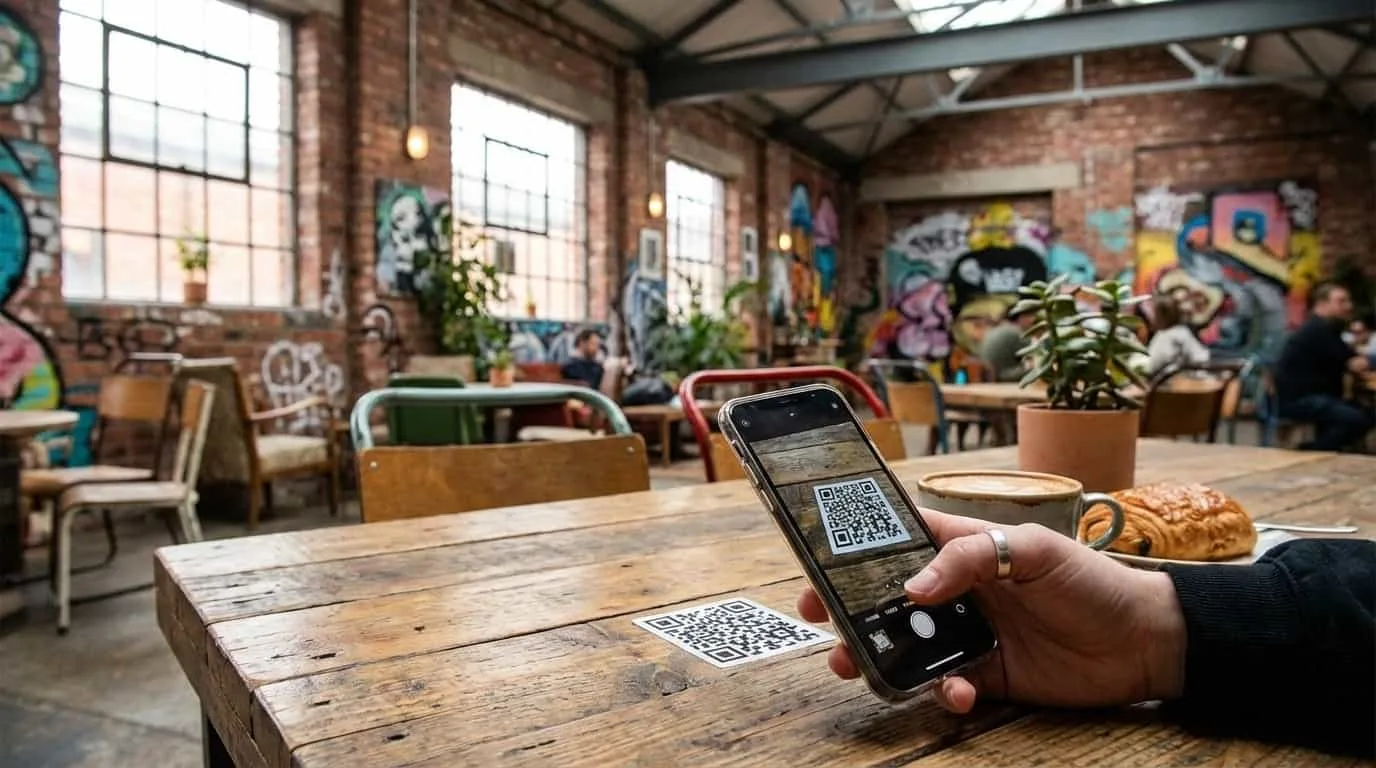 Pessoa escaneando QR code do VISU em café de Liverpool
