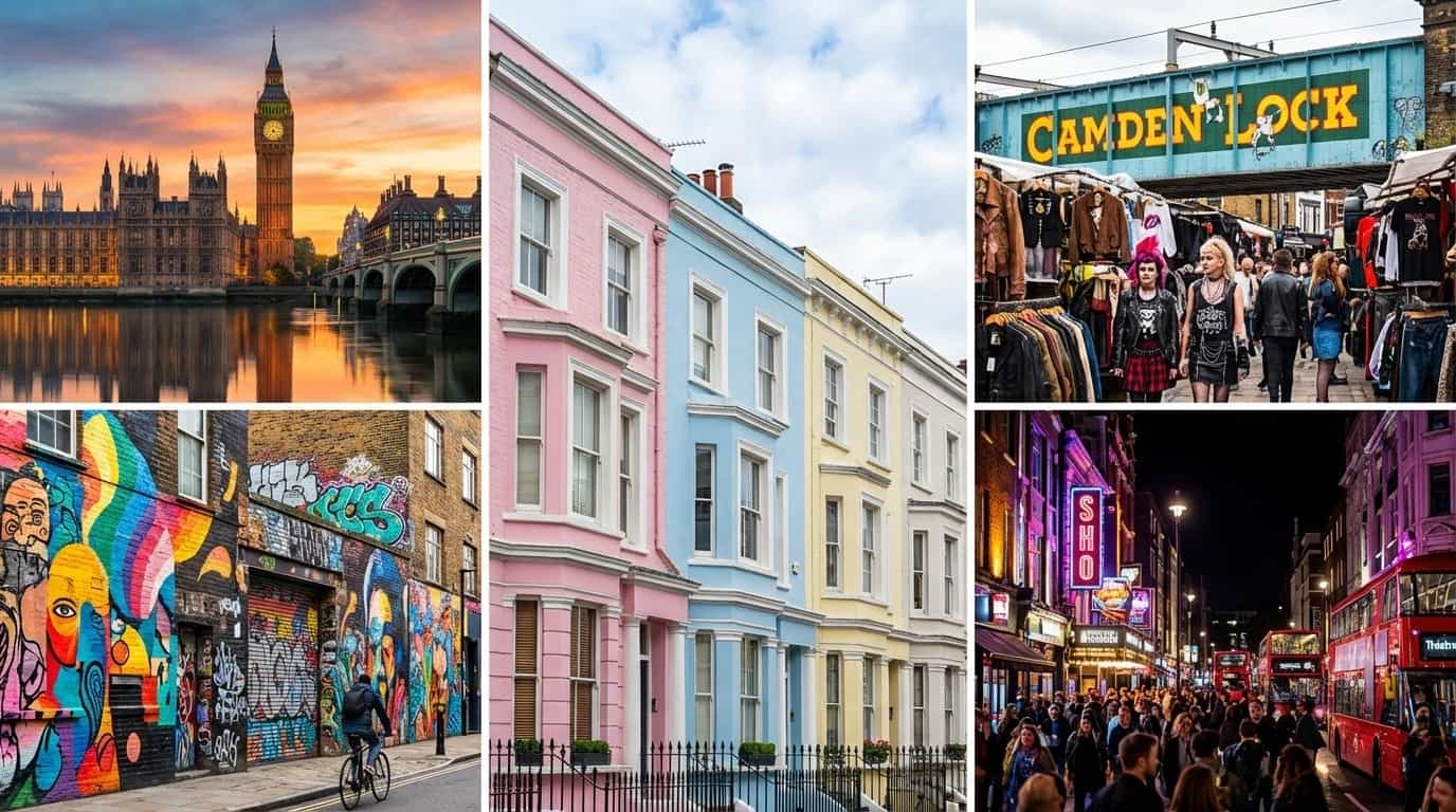 Bairros de Londres onde o VISU está disponível incluindo Shoreditch Soho e Notting Hill