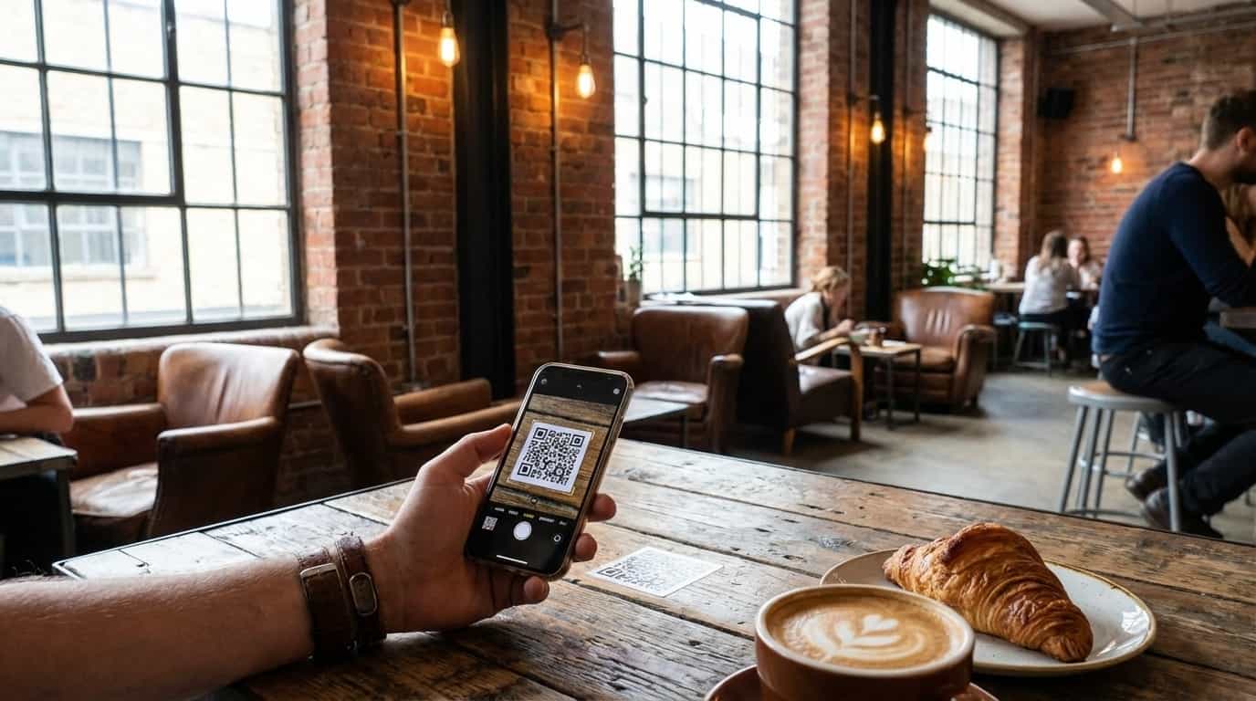 Pessoa escaneando QR code do VISU em café de Londres