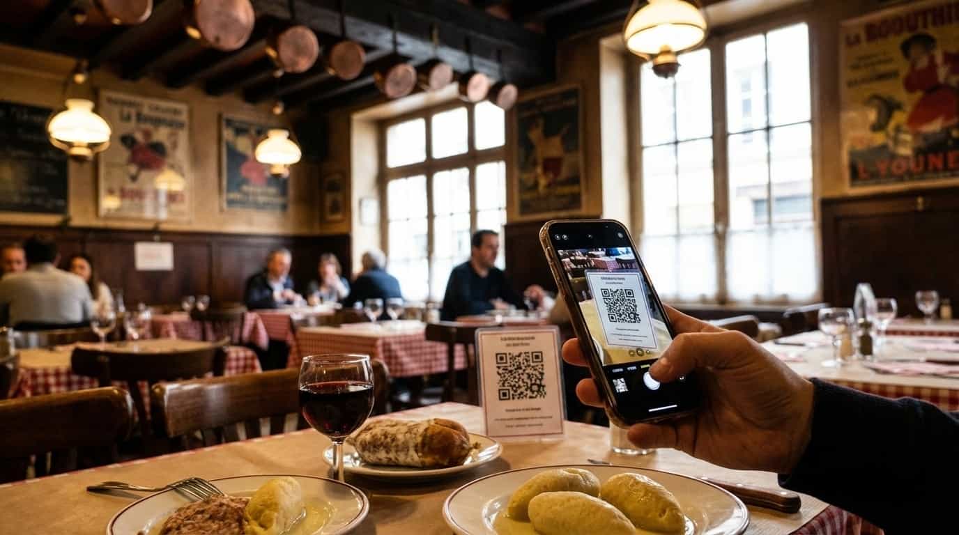Pessoa escaneando QR code do VISU em restaurante de Lyon