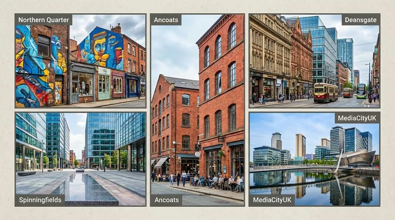 Bairros de Manchester onde o VISU está disponível incluindo Northern Quarter Spinningfields e Ancoats