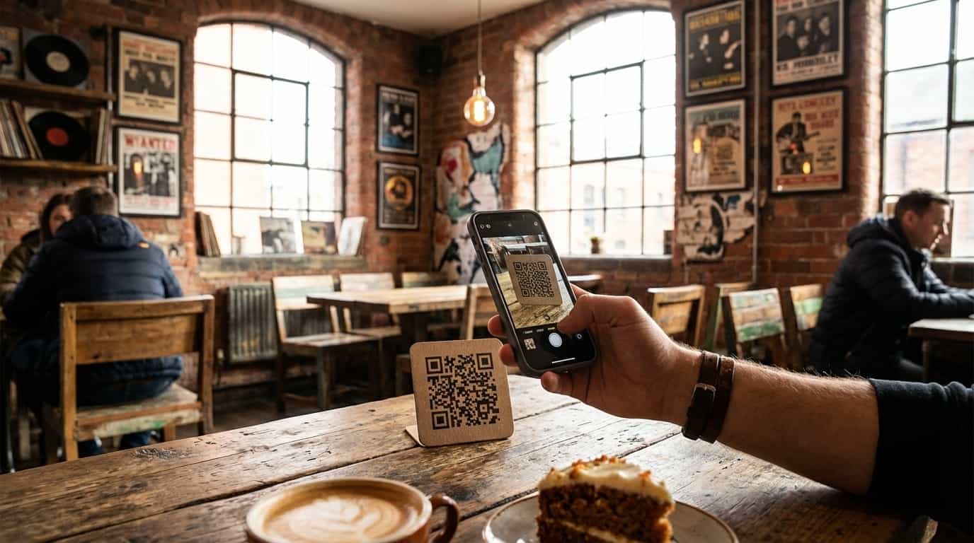 Pessoa escaneando QR code do VISU em café de Manchester
