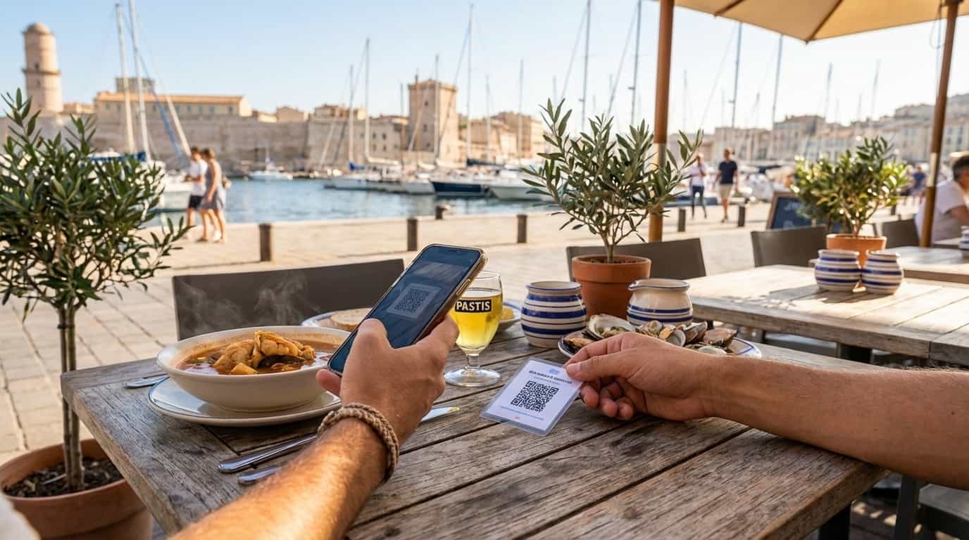 Pessoa escaneando QR code do VISU em café de Marselha