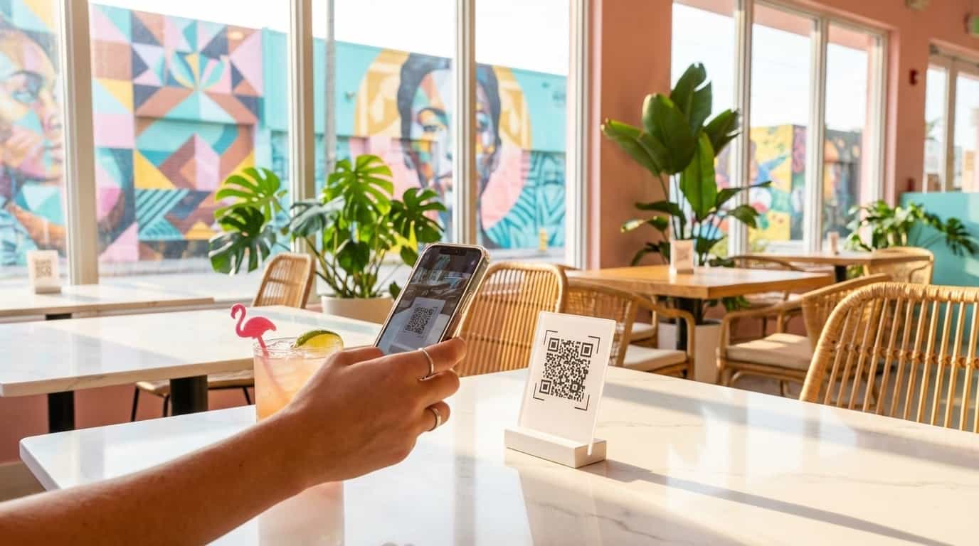 Pessoa escaneando QR code do VISU em restaurante de Miami