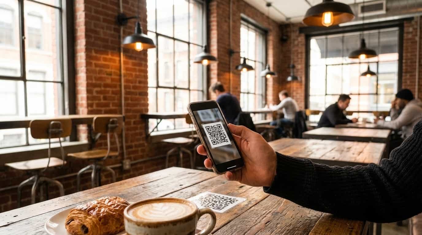 Pessoa escaneando QR code do VISU em café de Nova York