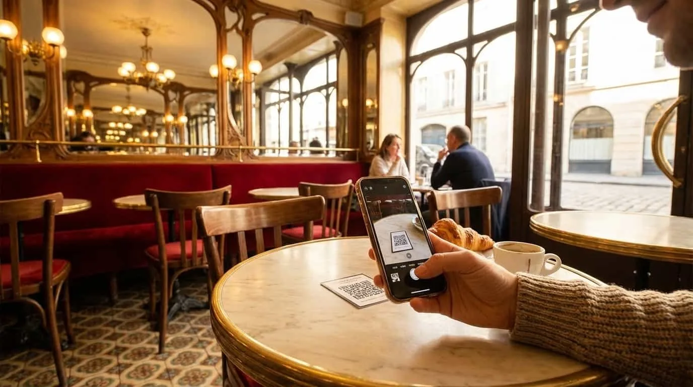 Pessoa escaneando QR code do VISU em café de Paris