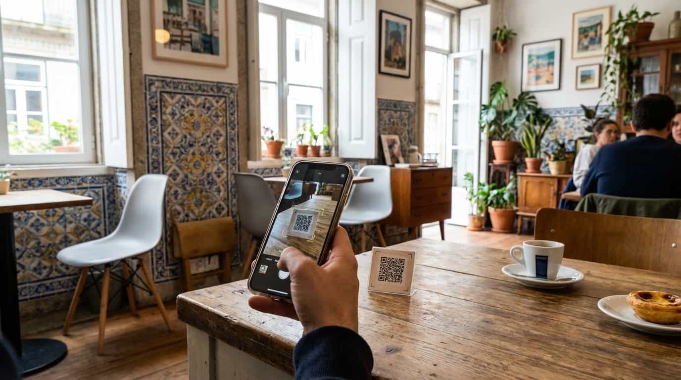 Pessoa escaneando QR code do VISU em café do Porto