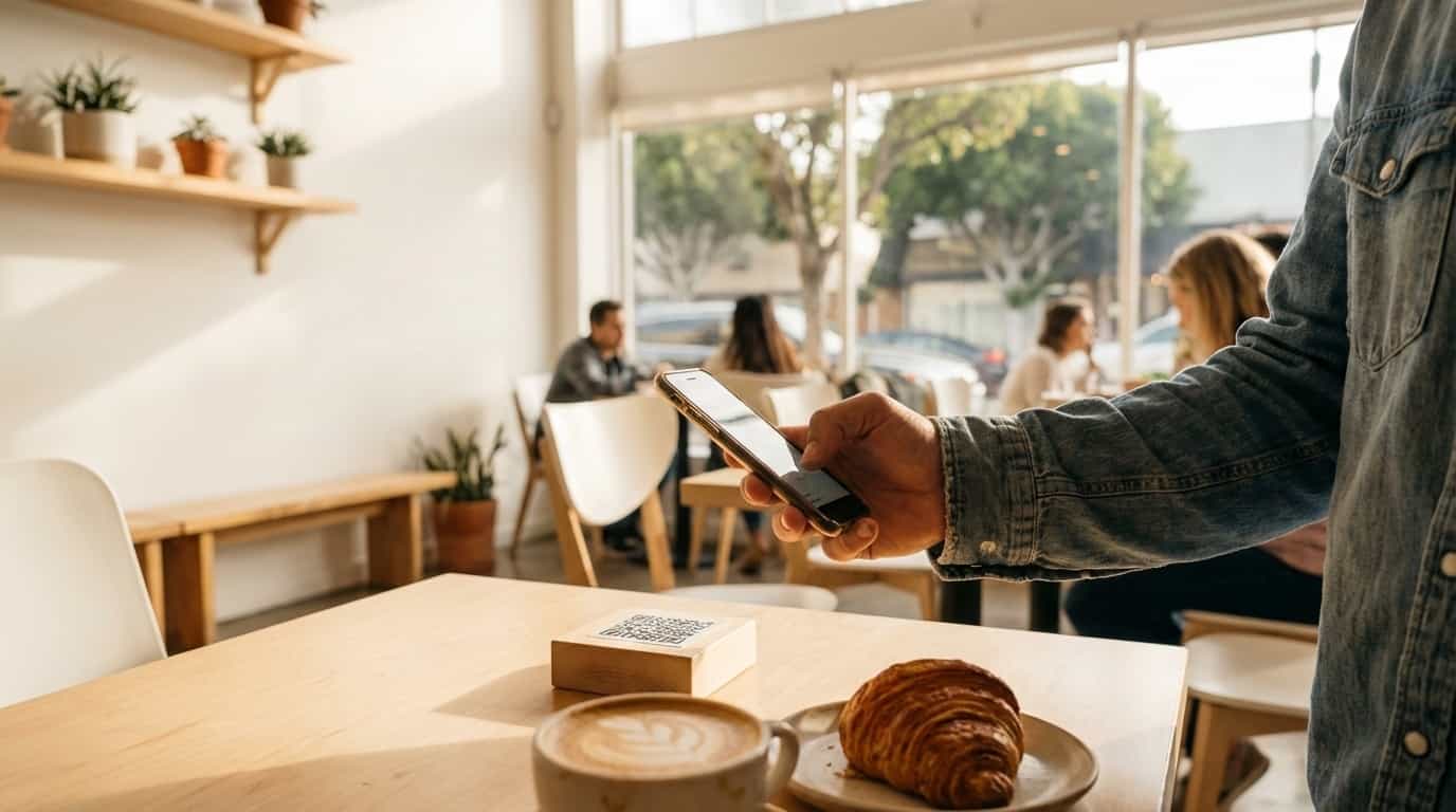 Pessoa escaneando QR code do VISU em café de São Francisco