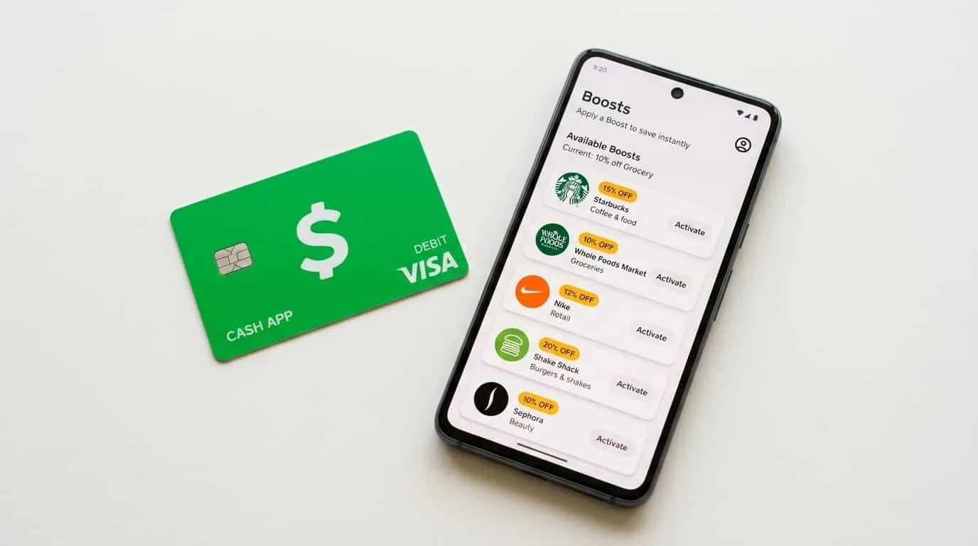 Pantalla de Cash App Boosts mostrando ofertas de reembolso instantáneo en restaurantes y tiendas