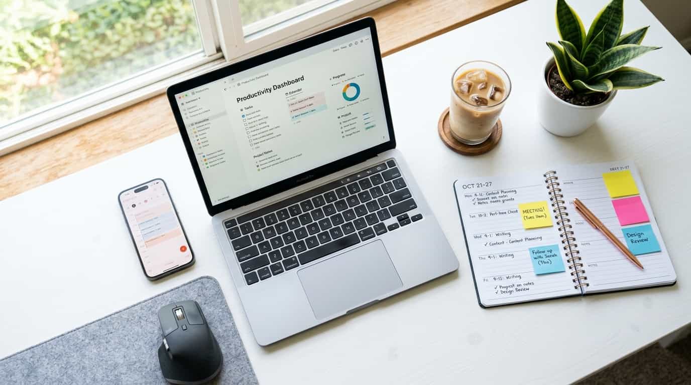 Flexible work setup with laptop and planner for part time schedule