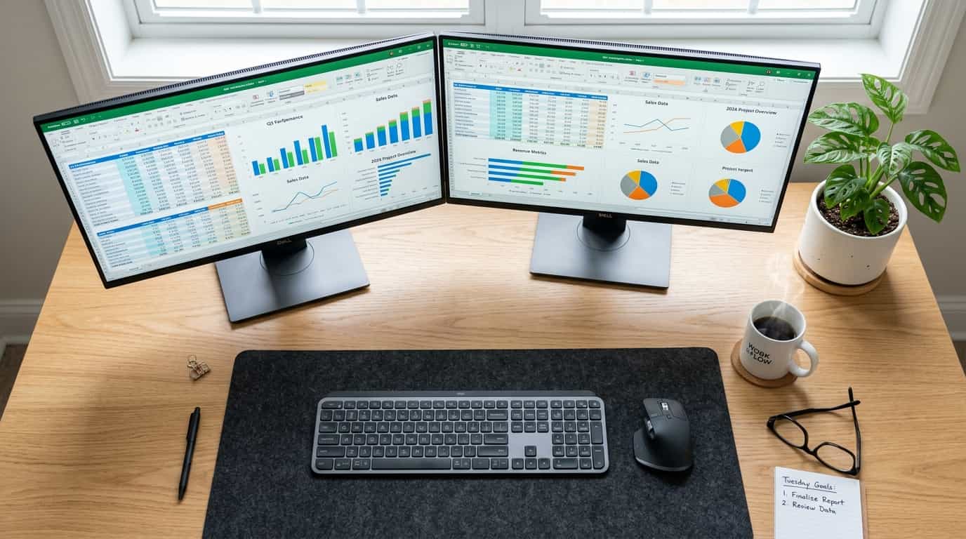 Data entry work setup with dual monitors and no phone