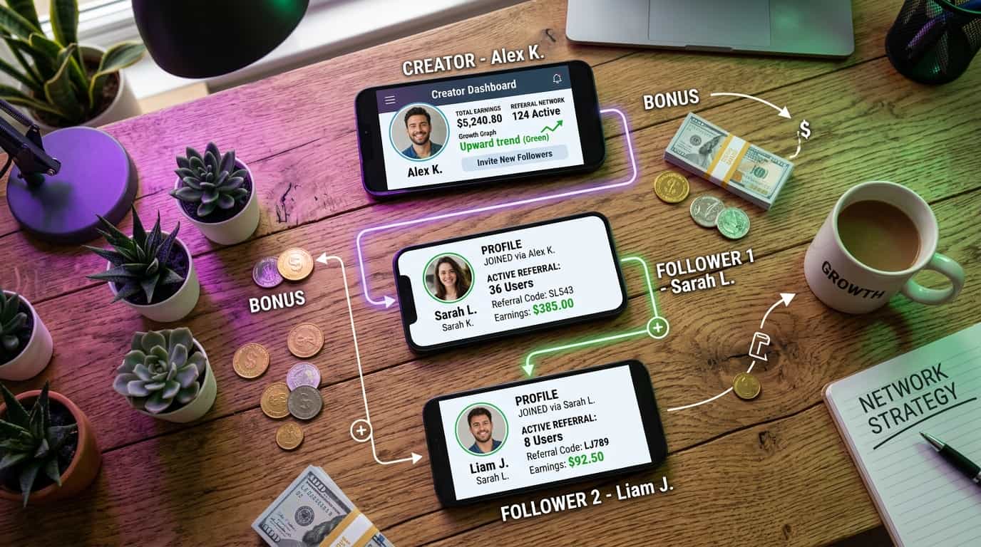 Diagram showing VISU Link referral layers from creator to followers to their network