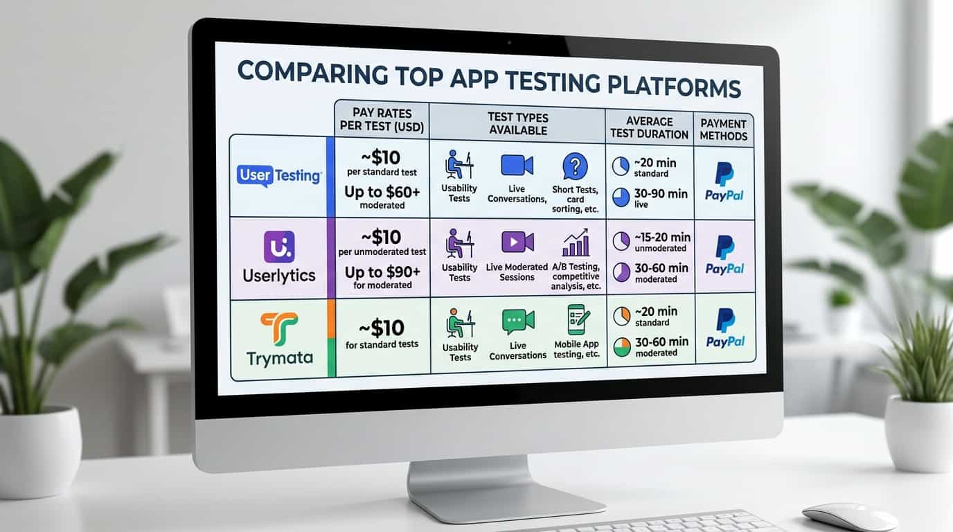 Tabela comparativa de plataformas de teste de apps mostrando taxas de pagamento e tipos de teste do UserTesting Userlytics e Trymata na tela